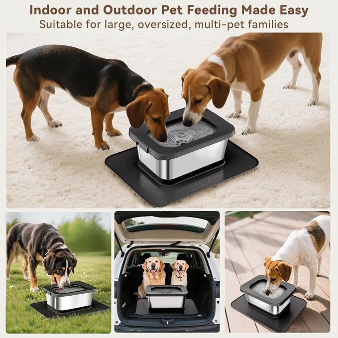 10L No Spill Dog Water Bowl Stainless Steel for Messy Drinkers | Large Capacity Slobber Stopper, Slow Drinking Anti Splash Design, XXL Silicone Mat, For Large Dogs & Multi-pet Homes, Black