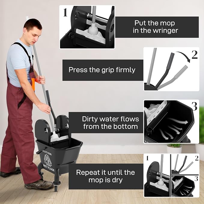 HOMCOM Mop Bucket with Wringer on Wheels, 27.5 Quart, with Mop, Black | Down Press Wringer, Handle and Mop, Floor Cleaning