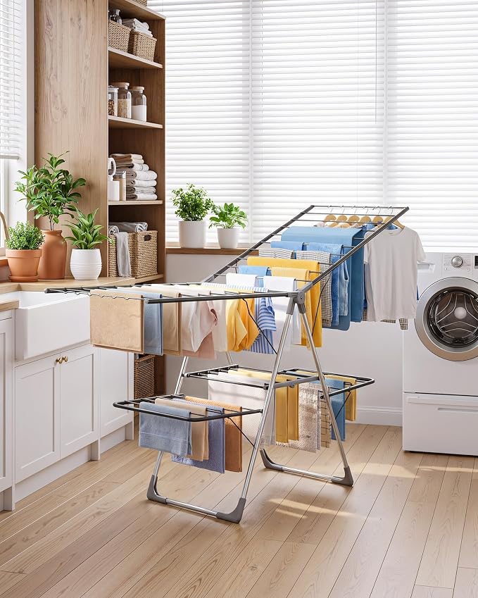 Sakugi Clothes Drying Rack, Foldable 2-Level Laundry Drying Rack with Height-Adjustable Wings, for Clothing & Bedding, Free-Standing Space-Saving Rack, Indoor & Outdoor, 70" L × 22.8" W, Gray