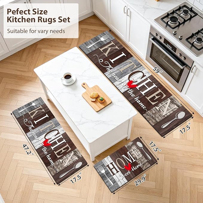 Kitchen Rugs Set 3 Piece, Non Slip Kitchen Mats for Floor, Soft Fabric with Rubber Backing, Farmhouse Anti Fatigue Runners Carpet for Home Kitchen Laundry Room Hallway Rustic Dark Brown & Grey