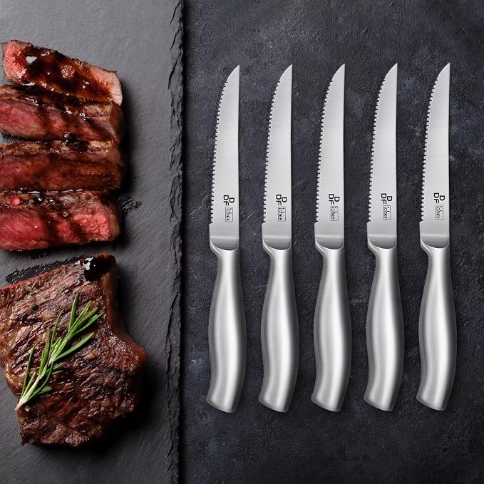 Steak Knives Set of 6, 4.5-Inch Serrated Steak Knives, Dishwasher Safe | Steak Knives High Carbon Stainless Steel, Serrated Knives with Ergonomic Hollow Handles, Silver, for Families & Restaurants