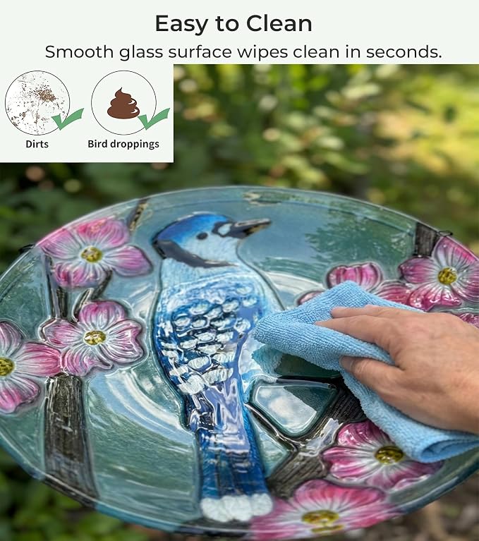 Large Glass Bird Bath with Metal Stand, Blue Jay | 18" Wide Bowl, 3.2" Bathing Depth, Thick Glass Construction, Stable 3-Leg Base, Easy Clean Surface, Garden Decor