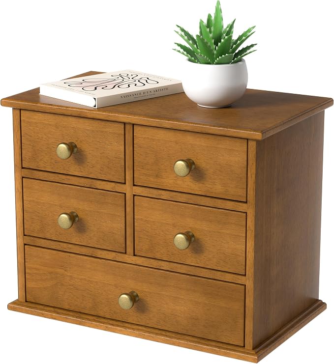 Oak Desk Organizer with Drawers, Durable Wooden Desktop Storage Box with Metal Handles & Non-Slip Silicone Pads, 5 Drawer Tabletop Organizer for Office, Bedroom, Bathroom, Vanity, and Makeup – Walnut