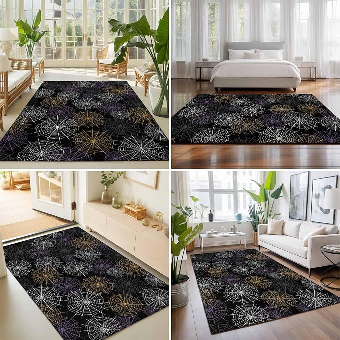 Area Rug 3'x5', Black Halloween Washable Large Area Rugs for Kitchen Bedroom Laundry Bathroom Office, Purple White Yellow Net Classic Black Non Slip Door Mat Indoor Entryway Floor Accent Throw Carpet