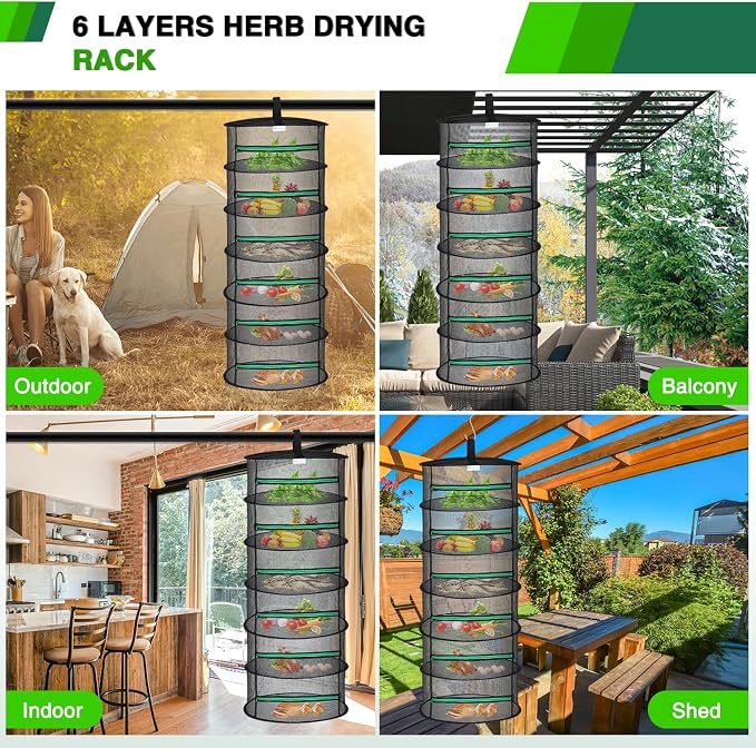 Yesker 6 Layer Herb Drying Rack Hanging Mesh Net Foldable Plant Drying Racks 24" Diameter with Green Zipper & Hook Dryer Hanging Rack for Herbs Seed Bud Fruit Clothes Grow Tent Closets Garden Outdoor | 24" Diameter with Green Zipper & Hook Dryer Hangin...