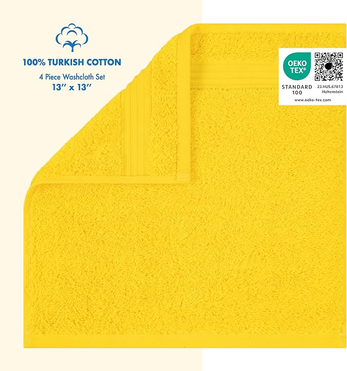 Cotton Paradise 100% Cotton Turkish Towel Set, Soft Absorbent Quick Dry, 4 Piece Washcloth Set, Yellow