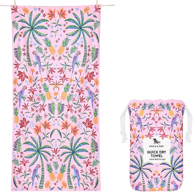 Dock & Bay Beach Towel - Quick Dry, Sand Free - Compact, Lightweight - 100% Recycled - Includes Bag - Pink Paradise - Extra Large (200x90cm, 78x35)