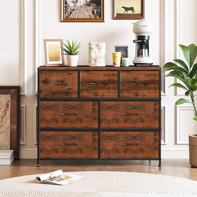 7-Drawer Dresser for Bedroom, Anti-Tip Wide Storage Organizer Fabric Chest of Drawers TV Stand for 45" TV with Wooden Top and Metal Frame for Closet, Living Room, Hallway, Entryway, Brown
