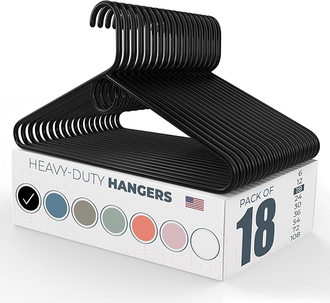 Made in USA Heavy Duty Plastic Clothes Hangers Bulk, 20 30 50 100 Pack Available, Strong Plastic Hangers, Jacket Coat Hangers, Thick Plastic Hanger for Closet and Clothing Hangars (18pk Black)