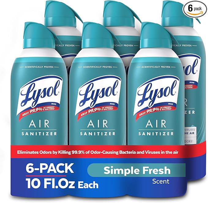 Lysol Air Sanitizer Spray with Bacterial Odor Eliminator for Home & Office, Sanitizing Air Spray, Air Freshener Alternative, Simple Fresh Scent,10 oz (Pack of 6)