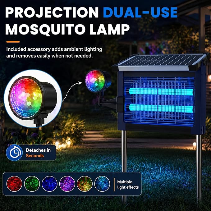 Zechuan Solar Bug Zapper Outdoor, 4500V Electric Mosquito Zapper, IP66 Waterproof Cordless Fly Killer, Type-C Rechargeable with Projection Light for Patio Yard Camping