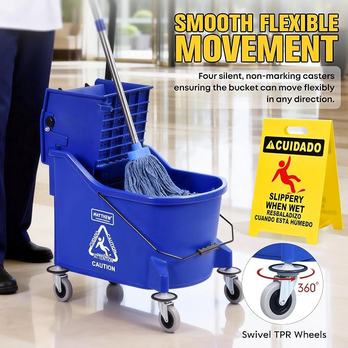 Matthew Cleaning Blue 44Quart Commercial Mop Bucket INCL.Wet String Mop& 19'' Industrial Wet Floor Sign with Side Press Wringer On Wheels,Tandem Portable Floor Cleaning Wavebrake,Ideal for Household