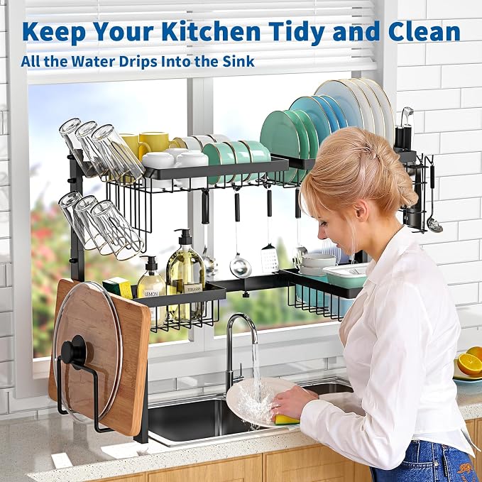 Over The Sink Dish Drying Rack,Expandable 2-Tier Stainless Steel Over The Sink Dish Rack with Utensil Holder Dish Drainers for Kitchen Counter | Stainless Steel, Cutlery Holder & Chopping Board Rack, for Kitchen Counter, Black