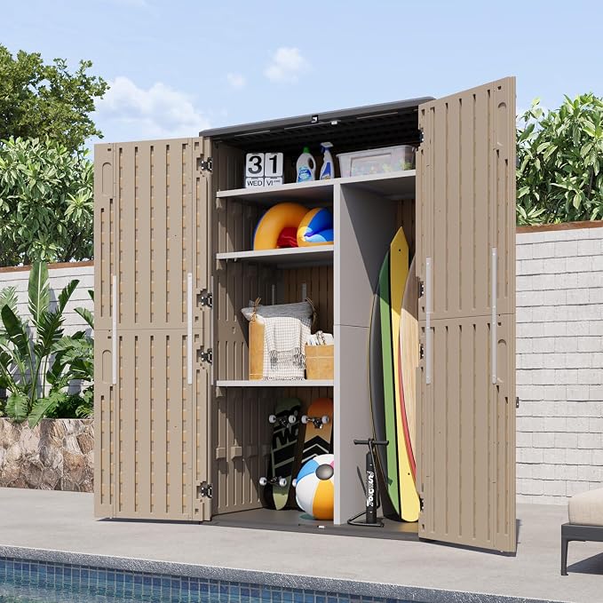 Aoxun 64 Cu.Ft Waterproof Resin Outdoor Shed with Floor & Shelving, Brown | Vertical waterproof storage cabinet with metal shelving kit, stores garden tools & pool equipment outdoors