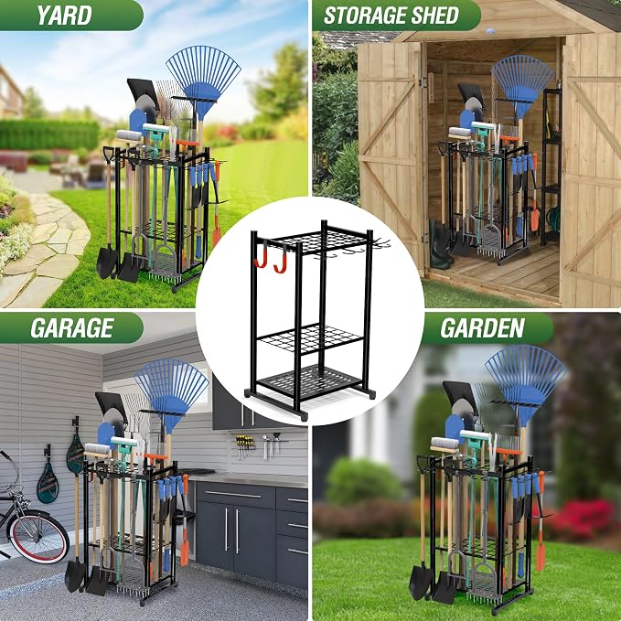 Sttoraboks Garden Tool Organizer Rack Up to 50 Tools, Heavy-Duty Steel Yard Tool Organizer for Garage Storage with 11 Hooks, Broom Holder & Garden Tool Rack for Shed, Patio, Outdoor Use, Black