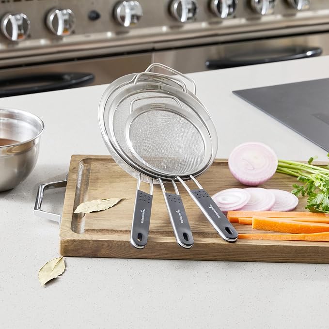 Restaurantware Fine Mesh Strainer Set of 3 Different Sizes with Silicone Handle Stainless Steel Extra Fine Mesh Strainer Heat-Resistant Handle Dishwasher-Safe for Rice, Quinoa, Pasta