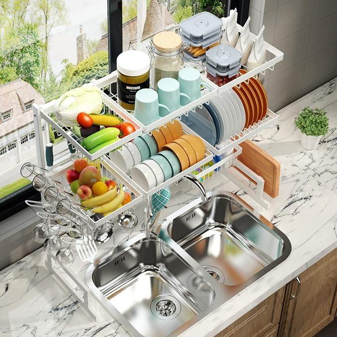 PUSDON Over Sink Dish Drying Rack Stainless Steel, Adjustable Large Dish Drainer for Storage Kitchen Organization White 3 Tier - Standard(34"-46")