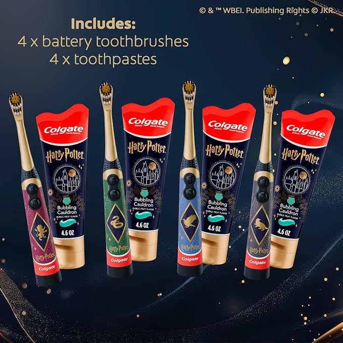 Colgate Harry Potter Kids Toothbrush and Toothpaste Bundle, Battery Powered Vibrating Bristles, Cavity Protection, 8-Piece Set