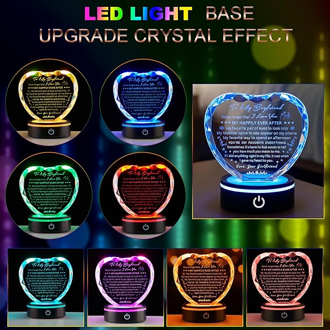 Gifts for Boyfriend with Colorful LED Base Unique Birthday Gift Ideas from Girlfriend Romantic Heart Crystal Keepsakes to My Anniversary Christmas Valentine Day