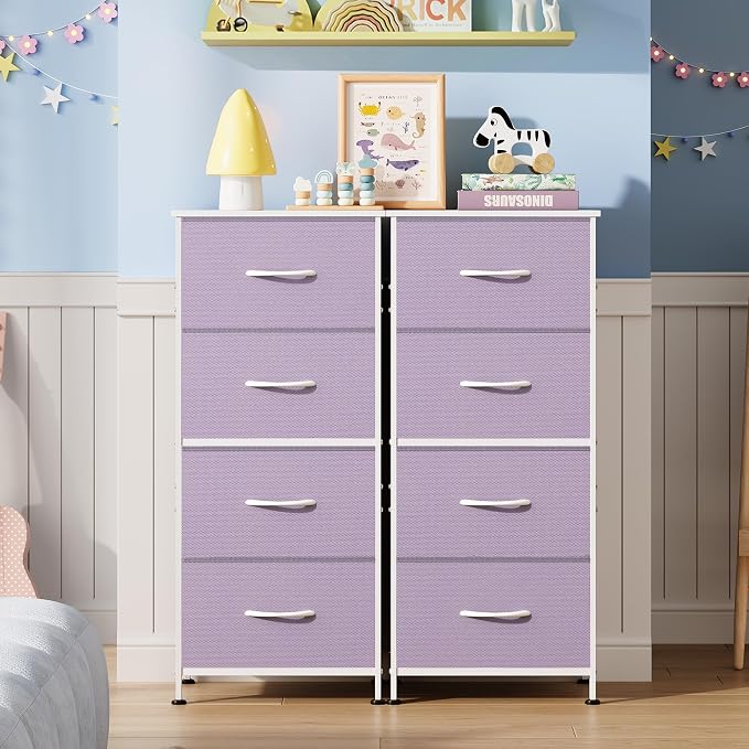 WLIVE Small Dresser Nightstand for Bedroom, 4 Drawers, Purple | 4 vertical fabric drawers, Space-saving tower, Bedroom or closet use, Chest of drawers, Dresser for small spaces