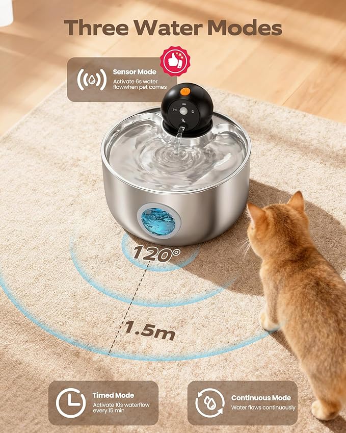 Wireless Cat Water Fountain Cordless: Battery Operated Cat Fountains | 88oz/2.6L Stainless Steel Pet Water Fountain for Drinking with Motion Sensor Rechargeable Automatic Water Dispenser Indoor