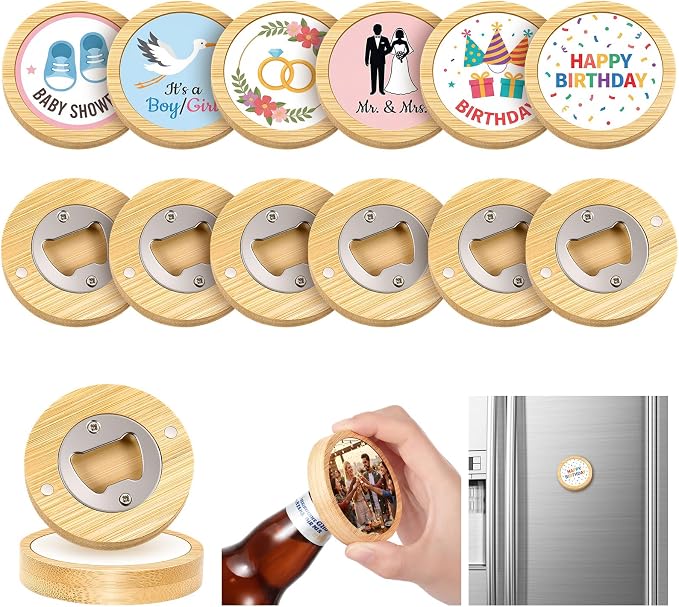 Vesici 12 Pcs 2 in 1 Sublimation Blank Magnetic Bottle Opener 2.5 Inch DIY Bamboo Fridge Magnetic Beer Opener Wooden Heat Transfer Print Cap Openers for Kitchen Bar Restaurant Wedding Gift (Round)