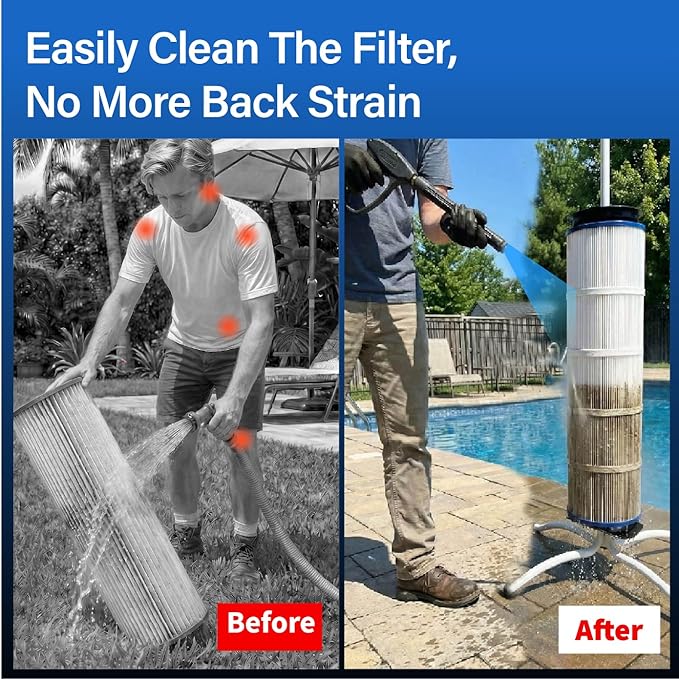 Pool Cartridge Filter Cleaning Stand with Installation Tool Kit & Hands-Free Design for Easy Removal & Reinstall – Fits 3", 4", 6" Filters