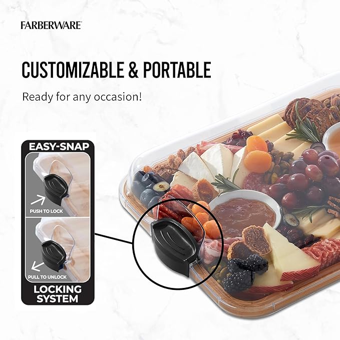 FAREBERWARE Build-A-Board Bamboo Cutting Board with Single Storage Compartment, Clear Locking Lid, Black Handles, Perfect for Charcuterie & Snacks, Pack of 2