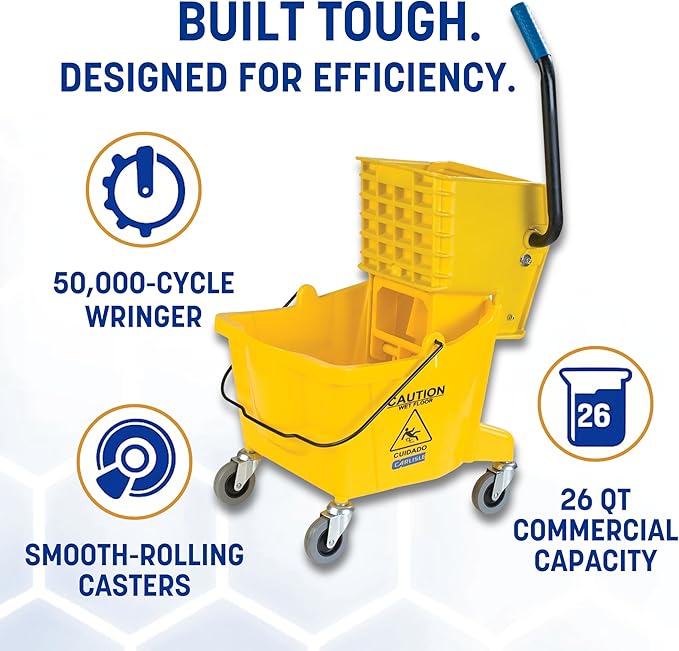 Carlisle Food Service Sparta Commercial Mop Bucket with Side Press Wringer, Floor Cleaning Essentials for Commercial and Home Use, Polypropylene, 26 Quart Capacity, 1 Count, Yellow