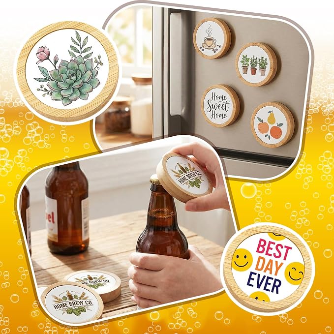 Vesici 24 Pcs 2 in 1 Sublimation Blank Magnetic Bottle Opener 2.5 Inch DIY Bamboo Fridge Magnetic Beer Opener Wooden Heat Transfer Print Cap Openers for Kitchen Bar Restaurant Wedding Gift (Round)