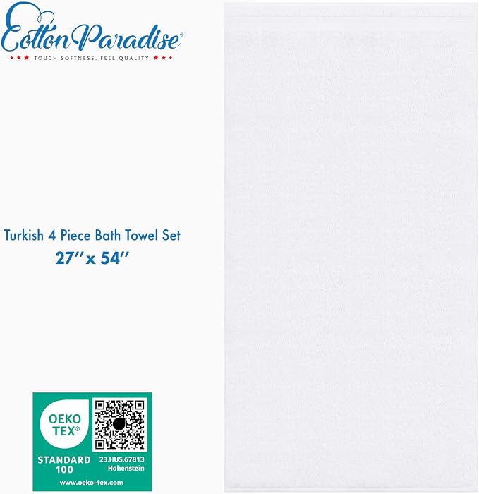 Cotton Paradise Turkish Towel Set, Soft Absorbent Quick Dry, 4 Piece Bath Towel Set, Snow White
