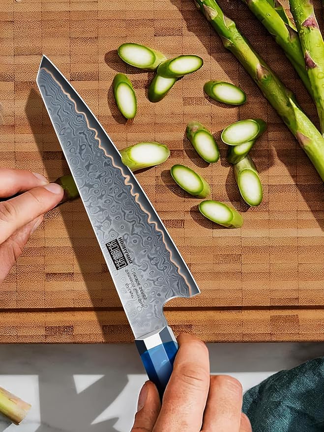 HOSHANHO Damascus 3PCS Knife Set, 67-Layer Damascus Steel Kitchen Knife Set | Ultra Sharp Japanese Chef Knives Set with Ergonomic Blue Resin Stabilized Handle & Wood Gift Box