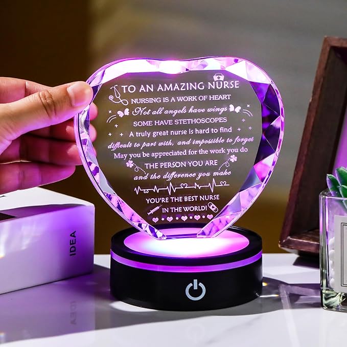 YWHL Nurse Gifts for Women with Light Base, Nurses Week Appreciation Gifts, Crystal Heart Present for Practitioner Female Nurse, Nursing School Students on Nurses Day Christmas Graduation Retirement