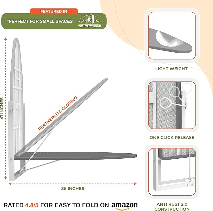 Ironing Board 36.2" x 12.2" Wall Mounted Compact Fold Down | Gray and Black, Space-saving design, cotton cover, compact fit for laundry rooms and closets