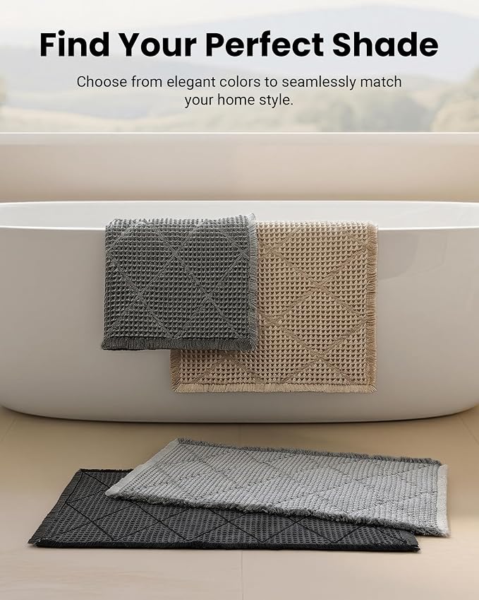 Furicher Waffle Bath Mat Set, Non Slip Bathroom Rugs Sets 2 Piece, Ultra Absorbent Long Bath Rug Runner for Bathroom Decor, Machine Washable Boho Mats, Dark Grey & Grey, 20"×47" Plus 18"×30"