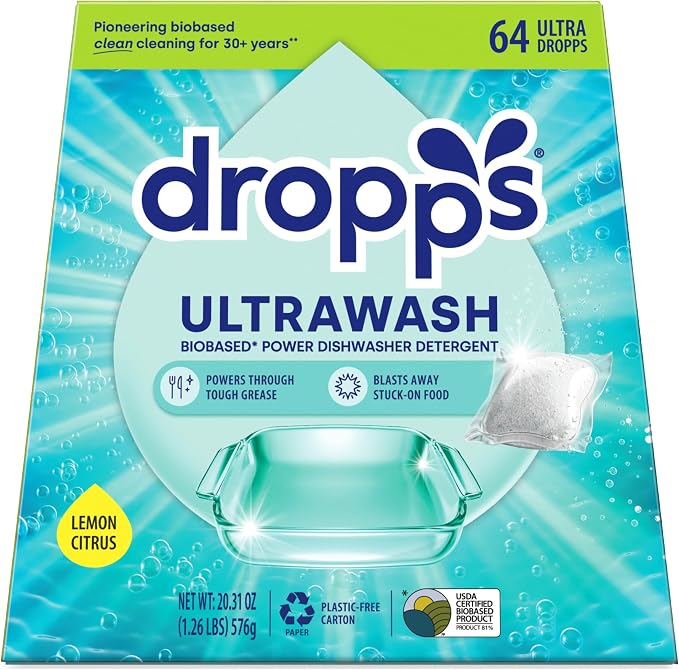 Dropps UltraWash Dishwasher Detergent Pods, Lemon Citrus (64 Ct) - Cuts Grease & Stuck-On Food | Sparkling Dishes & Glasses | Residue-Free | Clean Ingredients | No Pre-Rinse | Plastic Free Packaging