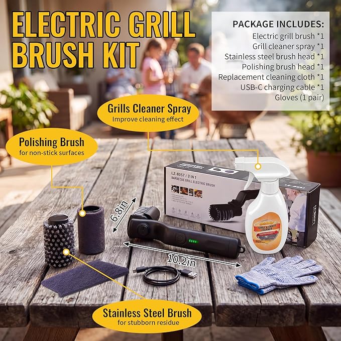 Electric Grill Brush with Grills Cleaning Spray, Cordless Electric Grill Cleaner Kit for Outdoor Grills, 3 Speed Modes & 180°Adjustable Angle, Rechargeable Waterproof Cleaner for BBQ Grates