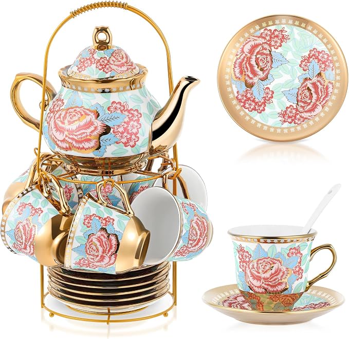 Zhehao 20 Pcs Porcelain Tea Set with Metal Holder and Spoon Adult Ceramic Tea Set European Flower Painting Teapot Cup Saucer Spoon for Women Mom Gift, Large Version (Vintage Style)