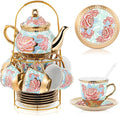 Zhehao 20 Pcs Porcelain Tea Set with Metal Holder and Spoon Adult Ceramic Tea Set European Flower Painting Teapot Cup Saucer Spoon for Women Mom Gift, Large Version (Vintage Style)