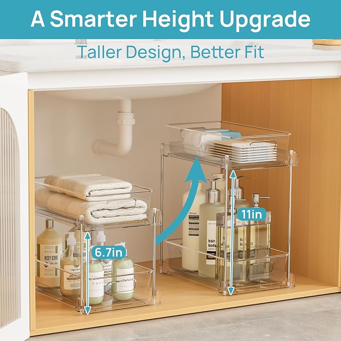 Vtopmart 2 Pack Higher Bathroom Organizer, 2 Tier White Under Sink Organizers Vanity Countertop Storage Container,Cabinet Drawers Bins, Pull-Out Organization with Track for Pantry, Kitchen