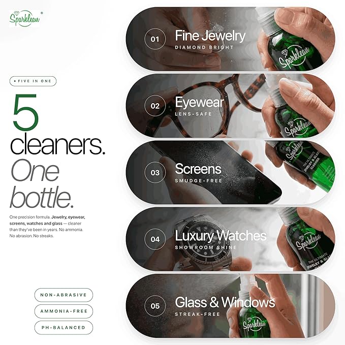 SPARKLEAN Jewelry Cleaner Spray 8oz · Everyday Home + Ultrasonic-Compatible · Safe on Gold, Silver, Diamond, Pearl · Anti-Fog Eyeglass + Lens Spray · Ammonia-Free pH-Balanced · Made in USA Since 2003