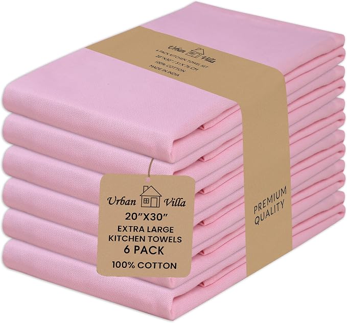 Urban Villa Kitchen Towels 100% Cotton Dish Towels for Kitchen(Set of 6) 20”x30” Dish Cloths Highly Absorbent Kitchen Linen Set with Hanging Loop Perfect for Drying Dishes Cleaning Hand Towels – Pink