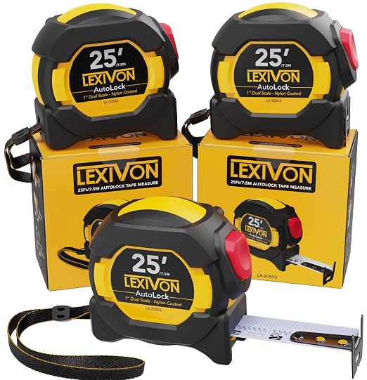LEXIVON [3-Pack] 25Ft/7.5m AutoLock Tape Measure | 1-Inch Wide Blade with Nylon Coating, Matte Finish White & Yellow Dual Sided Rule Print | Ft/Inch/Fractions/Metric (LX-205X3)