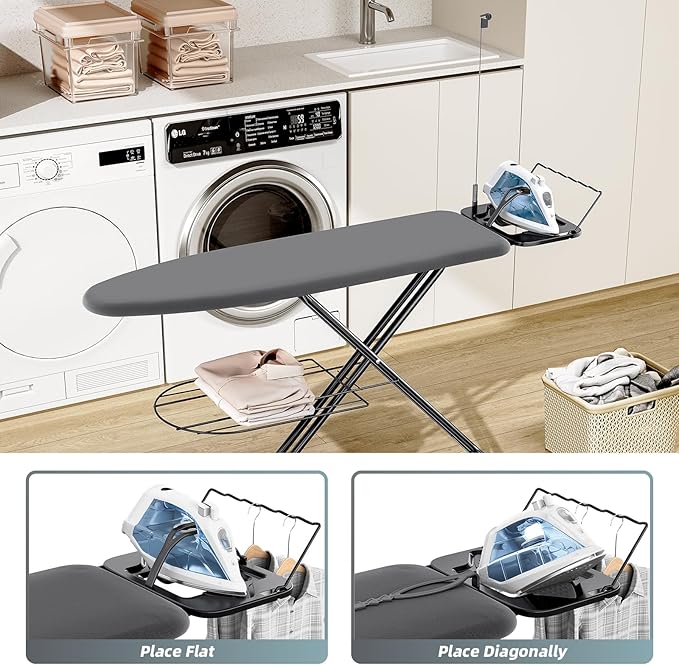 KINGBOARD Ironing Board, Compact Iron Board Full Size with Extra Thick Cover, 7 Adjustable Heights Stand with Hanger and Iron Rest, Large Heavy Duty Ironing Board with Storage Tray, 13x43 Black