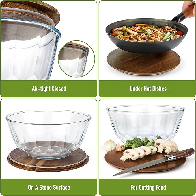 Large Stackable Set of 5 Nesting Glass Bowls with Acacia Lids for Foodprep, Storage, Baking, Sourdough Mixing & Cooking. Microwave & Oven Safe Heat Resistant Inert Borosilicate Glass