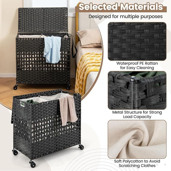 Giantex Laundry Hamper with Wheels and Lid, 33 Gal (125L) Wicker Laundry Basket, 2 Removable Liner Bags, Handles and Pulling Strap, Synthetic Rattan Rolling Laundry Hamper Clothes Storage