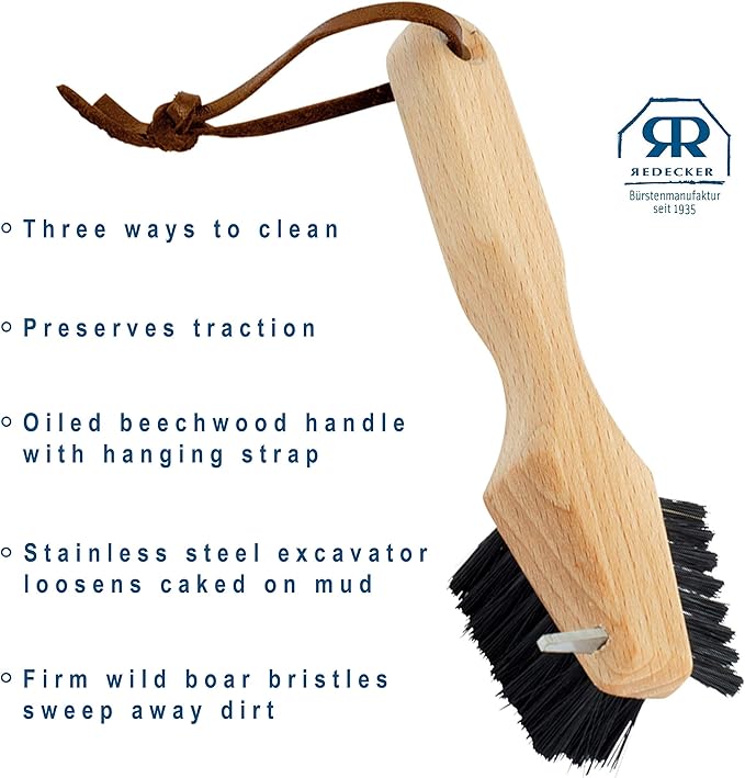 REDECKER Shoe Sole Brush - Wild Boar Bristle, Oiled Beechwood and Stainless Steel Design, 3 Ways to Clean, Made in Germany - Stiff Bristle Boot Brush - Stiff Boot Sole Brush, Set of 2