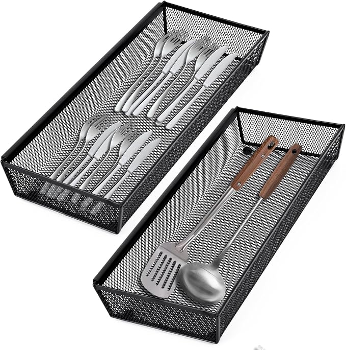 Neudeco Drawer Organizer, Black, 5 Pack, 15x6.2x2 inches | Metal Mesh Silverware Tray, Interlocking Design, 5 Compartment, For Kitchen Utensils