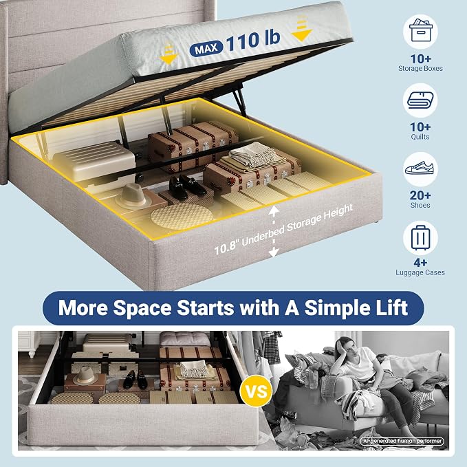 Allewie Full Size Lift Up Hydraulic Storage Bed Frame Light Beige | Modern Wingback Headboard, Hydraulic Support Storage, No Box Spring Needed