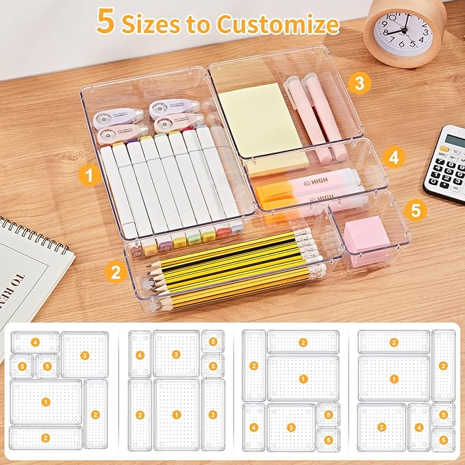 SMARTAKE 13-Piece Drawer Organizers with Non-Slip Silicone Pads, 5-Size Desk Bathroom Drawer Organizer Trays Storage Tray for Makeup, Jewelries, Utensils in Bedroom Dresser, Office and Kitchen, Clear